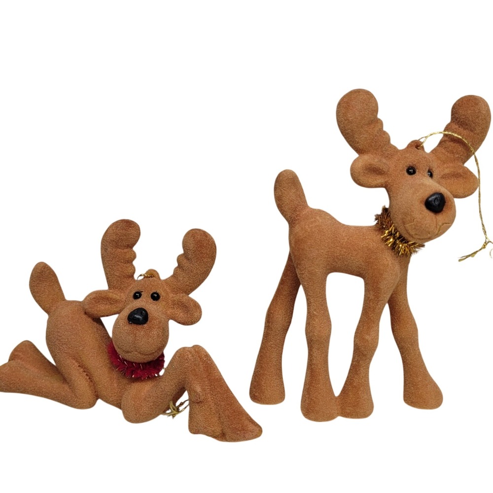 2 Flocked Blow Mold Reindeer Christmas Ornaments Brown Standing Lying Down‎ Vtg
